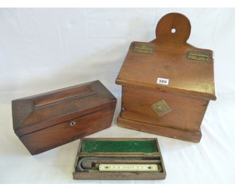 19thC pine salt box, rosewood caddy and oak cased pressure gauge (3) 