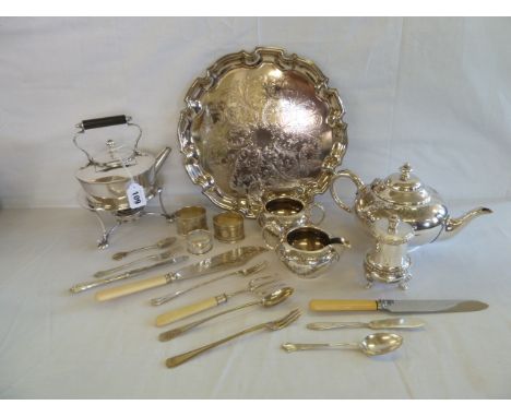 Silver plated spirit kettle, tea set, tray, cutlery etc 