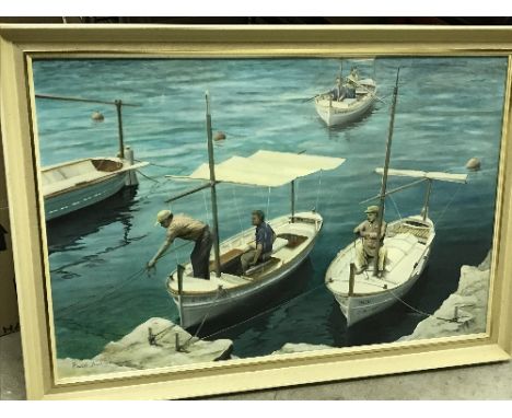 PAUL BUTLER "Boats at a quayside" oil on board, signed lower left 50 cm x 75 cm together with TOM ALLEN "Fishermen under umbr
