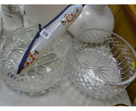 Cut glass fruit bowl and one other and a vintage milk glass rolling pin