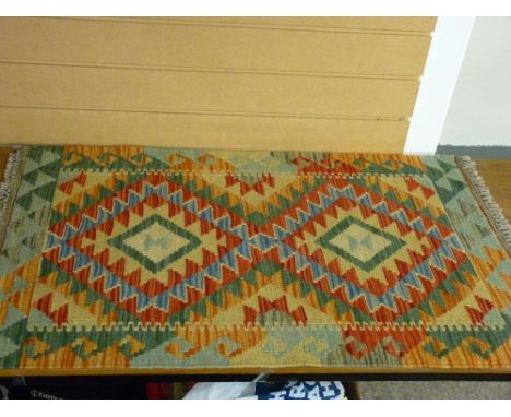 Colourful vegetable dye wool Chobi Kelim carpet runner, single bordered with zig zag edged diamond pattern centre, 97 x 61 cm