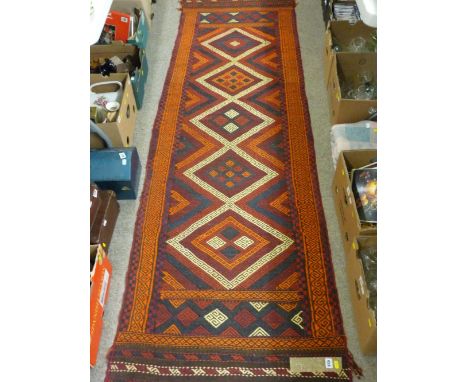 Suzni Kelim carpet runner, autumnal tones with repeating diamond central block with triple border, 270 x 80 cms