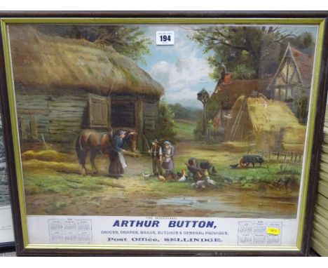 Colourful calendar poster for 1906 titled 'The Homestead for Arthur Button, Grocer, Draper, Baker, Butcher &amp; General Prov