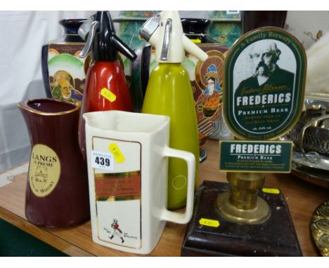 Vintage style bar pump, two advertising water jugs for Langs Supreme and Johnnie Walker Whisky and two vintage soda syphons