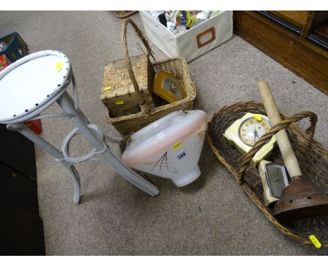 Retro glass ceiling shade, two baskets, copper wash posser, bamboo planter stand, Twinings tea box and two clocks etc