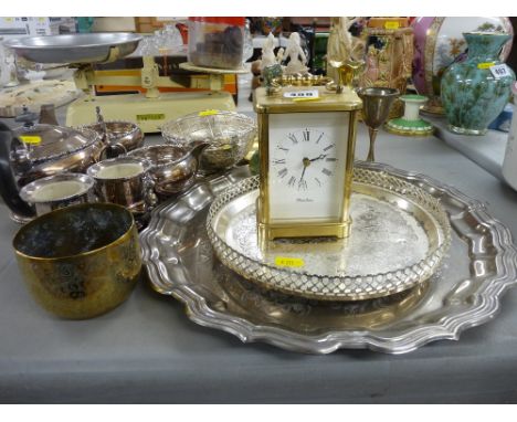 Walker &amp; Hall three piece EPNS teaset, modern carriage clock with other EP and brassware
