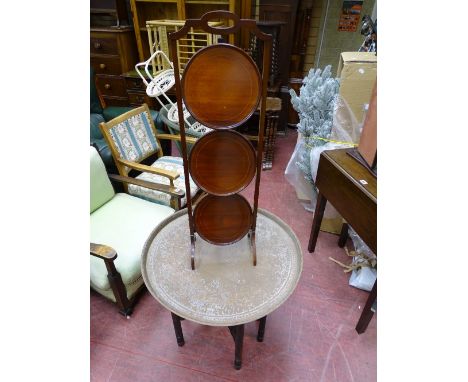 Three shelf cakestand and a Benares brass topped occasional table