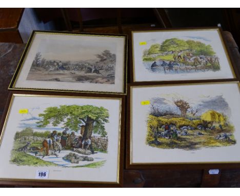 Framed vintage colourful lithograph titled 'Welsh Wedding' and three further prints following a theme titled 'Sheep Shearing'