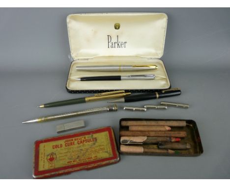 Vintage Parker pen box and contents including a Parker 45 and other pens and pencils by Watermans, Papermate etc