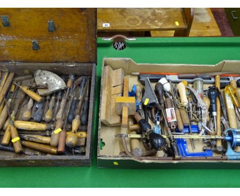 Box of garage hand tools including screwdrivers, saw, mortice gauge etc and a wooden and metal box of chisels etc