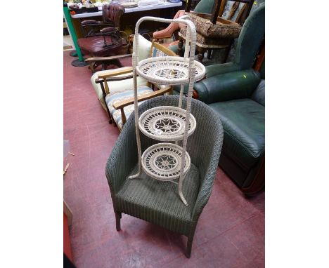 Lloyd loom armchair and a three shelf basket weave cakestand