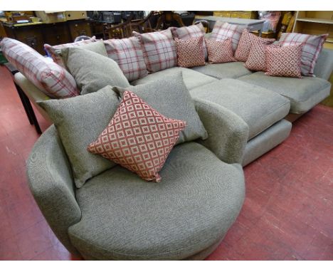 Excellent modern large 'L' shaped corner sofa with circular swivel armchair, large matching pouffe and loose cushions