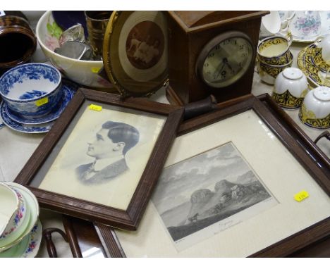 Vintage oak cased mantel clock, a two handled tray, framed pictures and prints and a vintage stoneware pestle