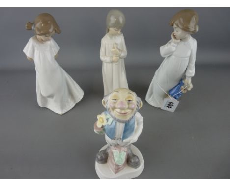 Three Nao figurines of young girls and a Welsh crest bone china figure of a gardener