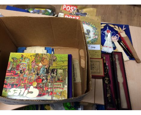 Collectables : Box of various Giles annuals, vintage fans, duracast fishing reel, magazines etc.