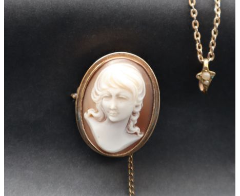 A 9ct gold shell cameo brooch depicting a head and shoulders portrait of a lady, 28mm high together with a yellow metal chain