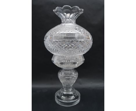 A Waterford crystal cut glass table lamp, the shade with a flared top and hobnail cut, the base with an inverted baluster col