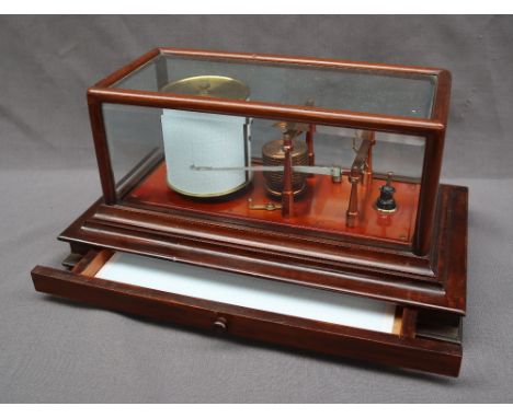 A Negretti and Zambra barograph, in a mahogany case with five bevelled glass panels, with a base drawer on bracket feet, 41.5