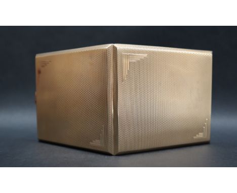 A George V 9ct gold cigarette case, of rectangular form with engine turned and line decoration, Birmingham, William Neale &am
