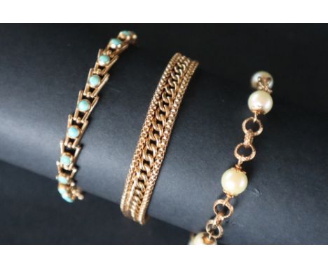 An 18ct gold pearl mounted bracelet, 19.5cm long, approximately 11 grams together with a yellow metal turquoise set bracelet 