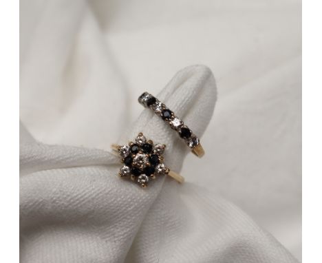 A 9ct gold cluster ring, set with semi precious stones, size K together with a similar half eternity ring, approximately 2.9 