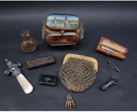 A silver and mother of pearl Baby's rattle / whistle together with a cheroot holder, mesh purse, scent bottle, needle case an