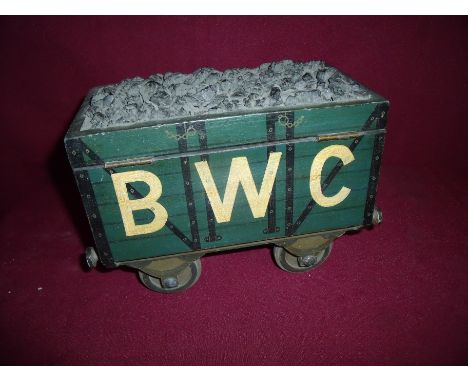 Unusual 19th/20th C tea caddy in the form of a railway coal goods wagon, with painted detail for EWC with star monogram above