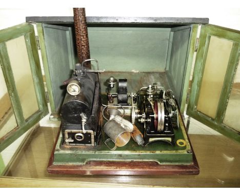 Early 20th Century vintage scale stationary Steam Engine with 2 volt .01 amp, mounted on wooden plinth with wooden constructe