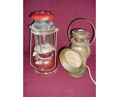 Lucas King of the Road Lamp No 724 converted to electric and an enamel tilley style lamp (2) 