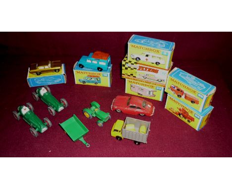 Six boxed Matchbox series diecast vehicles Nos 3,12,23,29,36,65,  a boxed Lonestar Flyers No 12,  a Dinky Posche 365A, a Dink