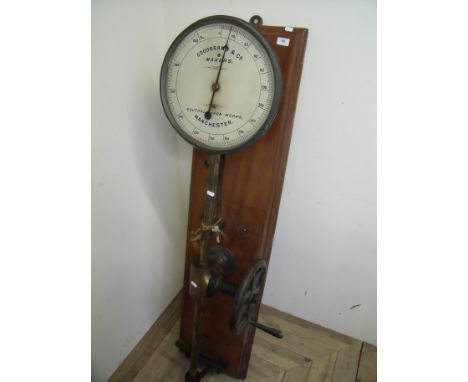 Mounted set of Goodbrand &amp; Co Makers Southall Ironworks Manchester yarn scales, mounted on rectangular mahogany plinth (1