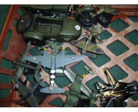 Selection of various diecast and other aircraft including Spitfires, Mosquito, Hurricane and a Action Man motorbike and sidec