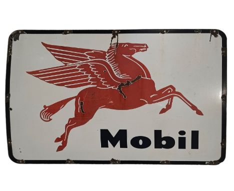 Mobil - a large 20th-century forecourt garage enamel advertising sign. The sign of rectangular form having blue boarder with 