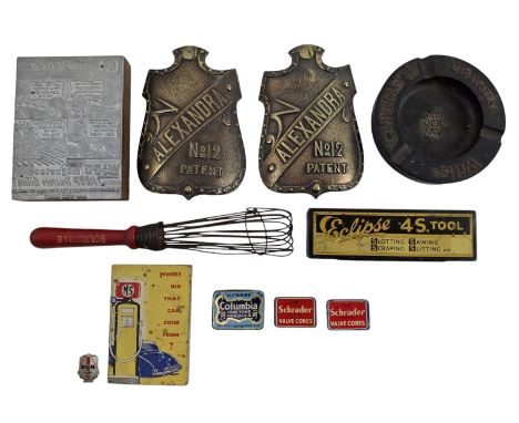 Vintage advertising. A collection of assorted items, comprising two Alexandra No. 12 Patent shields, a Bournville Cocoa whisk