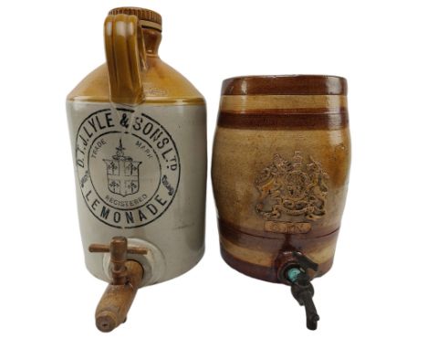 Two late 19th - early 20th century stoneware pub barrels. The lot including a salt glazed stoneware Victorian Gin barrel with