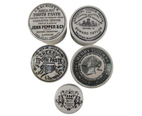 Vintage advertising. A collection of five late 19th century Victorian &amp; later lidded ceramic tooth paste pots. The lot to