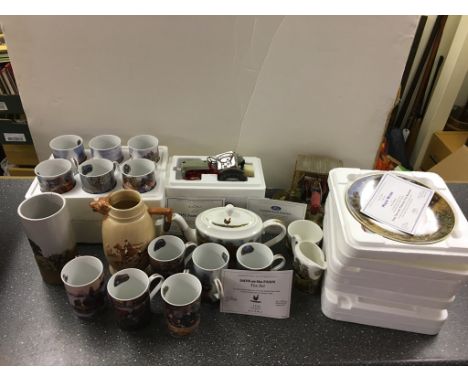 A collection of agricultural farming items, comprising a teaset with six mugs, a tractor on stand, plates with six extra mugs