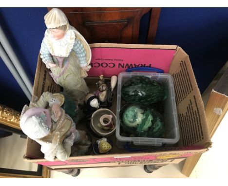 A quantity of items to inc a Victorian hall chair, a pair of dump paperweights, 19th century and later ceramic figures; toget