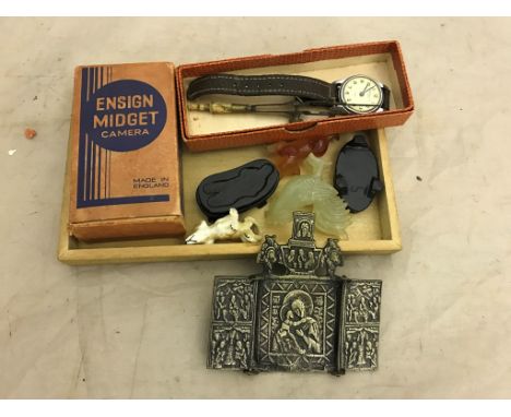 A box of odds to inc jade animals, triptych, Ingersoll watch, Ensign Midget camera etc