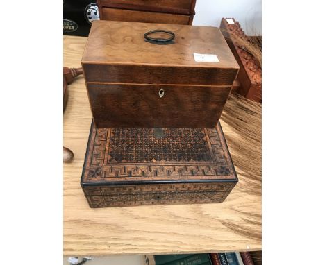 A 19th century workbox together with a 19th century mahogany caddy converted into a stationary box