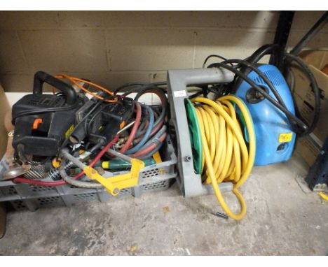 A QUANTITY OF TOOLS TO INC A BLACK & DECKER POWER SAW, BLACK 7 DECKER SANDER, HOSE REEL PLUS A POWER WASHER