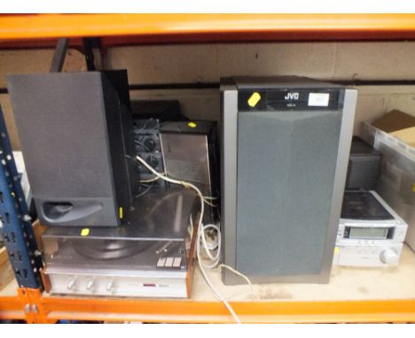 A JVC SUB WOOFER TOGETHER WITH A PANASONIC STEREO SYSTEM, A PHILIPS RECORD PLAYER & SPEAKERS ETC