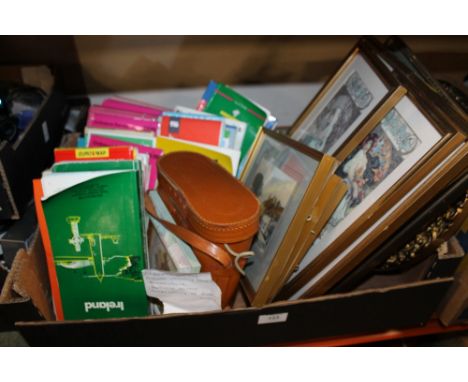 A TRAY TO INC ORDNANCE SURVEY MAPS,BINOCULARS, LOCAL INTEREST PICTURES ETC