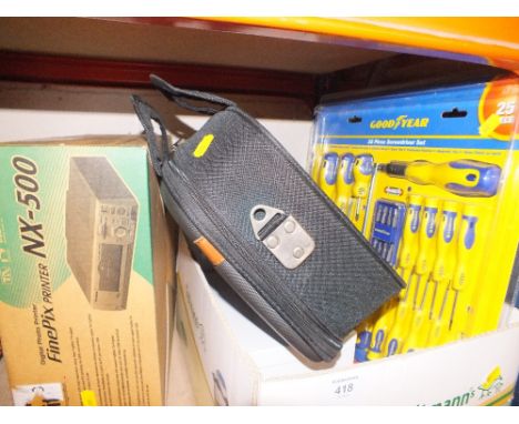 A QUANTITY OF TOOLS TO INC A SCREWDRIVER SET, A DIGITAL PHOTO PRINTER ETC