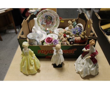 TWO ROYAL WORCESTER FIGURES 'FIRST DANCE' & 'GRANDMOTHERS DRESS' PLUS A ROYAL DOULTON BEDTIME FIGURE & A TRAY OF CERAMICS TO 