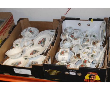 TWO TRAYS OF WEDGWOOD PETER RABBIT CERAMIC ITEMS, PLATES, MUGS ETC