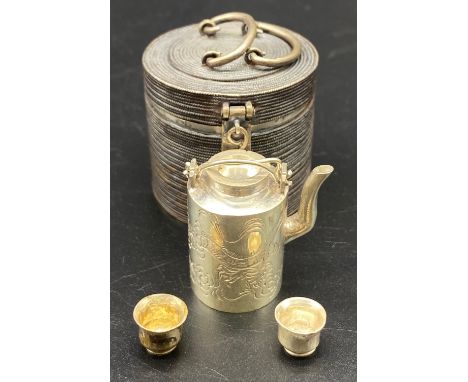 Japanese Silver miniature tea for two set in its own fitted case, teapot with dragon decorationWeight - 58gHeight - 3.5cm 