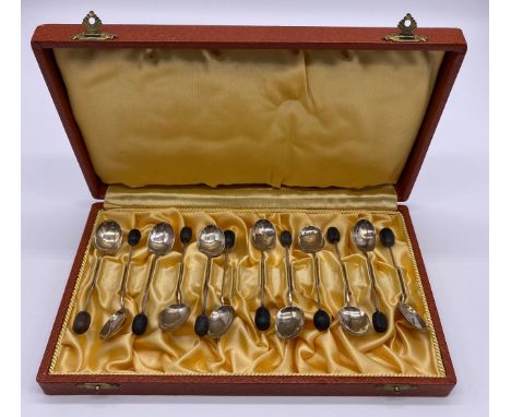 Cased set of 12 sterling silver bean finial coffee spoons, Birmingham 1927, by William Adams Ltd 