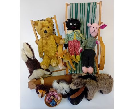 Collection of vintage teddies some handmade together with wooden hammock chairs 