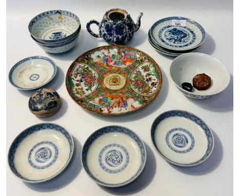 Mixed lot of oriental items to include, bowls, plates, lidded trinket dish, jadeite ring and oriental stone etc, many marked 